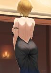 1girl armlet ass back backless_dress backless_outfit bare_shoulders black_dress blonde_hair breasts dress earrings facing_away from_behind girls_frontline highres indoors jewelry kion-kun large_breasts official_alternate_costume short_hair solo vsk-94_(girls_frontline) 