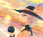  1girl arm_up black_headwear blue_sky collar commentary diffraction_spikes dutch_angle frilled_shirt_collar frills from_side green_collar green_eyes hat hat_ribbon highres holding horizon kisamu_(ksmz) komeiji_koishi light_smile looking_to_the_side ocean orange_clouds profile purple_hair ribbon shirt short_hair sky solo standing sunset third_eye touhou upper_body yellow_shirt 