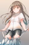  1girl :&lt; arashio_(kancolle) bike_shorts brown_hair closed_mouth collared_shirt comah cowboy_shot dress_shirt eyebrows_visible_through_hair flat_chest gradient gradient_background grey_background hair_between_eyes highres kantai_collection long_hair looking_at_viewer shirt short_sleeves skirt skirt_removed solo suspenders white_shirt yellow_eyes 