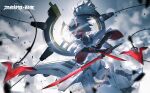  1girl armor_girls blurry blurry_background dual_wielding eyebrows_visible_through_hair hair_between_eyes headgear highres holding holding_sword holding_weapon horns katana looking_at_viewer mask mechanical_arms mouth_mask qys3 red_eyes short_ponytail solo sword thigh-highs weapon white_hair 