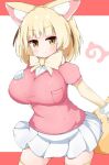  1girl animal_ear_fluff animal_ears berusa_(berutoo) blonde_hair blush bow bowtie breasts contrapposto cowboy_shot fennec_(kemono_friends) fox_ears fox_tail fur_trim gloves hand_on_own_chest highres kemono_friends large_breasts pink_background pink_shirt pleated_skirt shirt short_hair simple_background skirt smile solo tail thigh-highs white_background white_skirt yellow_eyes yellow_legwear yellow_neckwear 