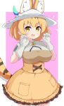  1girl :d animal_ear_fluff animal_ears berusa_(berutoo) breasts claw_pose cowboy_shot dress gloves hat highres kemono_friends kemono_friends_3 large_breasts light_blush open_mouth orange_dress pink_background serval_(kemono_friends) serval_ears serval_tail simple_background smile solo tail v-shaped_eyebrows white_gloves 