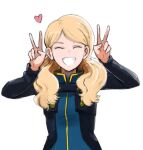  1girl bangs blonde_hair closed_eyes commentary_request double_v eyebrows_visible_through_hair flat_chest gacha-m grin gundam gundam_narrative heart long_hair long_sleeves rita_bernal smile solo upper_body v wavy_hair 