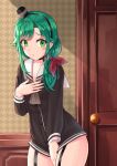  1girl amatsukaze_(kancolle) amatsukaze_(kancolle)_(cosplay) antenna_hair brown_dress commentary_request cosplay cowboy_shot door dress garter_straps green_eyes green_hair grey_neckwear hair_over_shoulder hand_on_own_chest kantai_collection long_hair looking_at_viewer matsu_(kancolle) mayura2002 neckerchief sailor_collar sailor_dress short_dress smokestack_hair_ornament solo white_sailor_collar 