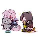  2girls absurdres animal_ears armband black_gloves bowl brown_eyes brown_hair chibi dog_ears dog_girl dog_tail girls_frontline gloves green_hair headphones highres jacket long_hair long_sleeves m4a1_(girls_frontline) multicolored_hair multiple_girls object_hug pet_bowl pink_hair simple_background sitting st_ar-15_(girls_frontline) streaked_hair stuffed_animal stuffed_toy tail violet_eyes white_background yuutama2804 