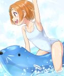 1girl arm_up hair_ornament hairclip highres idolmaster idolmaster_cinderella_girls inflatable_toy one-piece_swimsuit open_mouth orange_hair outstretched_arm ryuuzaki_kaoru school_swimsuit short_hair smile solo swimsuit upper_teeth water yama_tatsuo