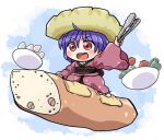 1girl bangs bread egg eyebrows_visible_through_hair food food_on_head full_body holding japanese_clothes kimono long_sleeves object_on_head on_food open_mouth purple_hair red_eyes red_kimono rokugou_daisuke salad short_hair solo sukuna_shinmyoumaru tomato touhou v-shaped_eyebrows wide_sleeves 