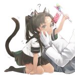  1boy 1girl ? admiral_(kancolle) all_fours animal_ears arm_up ayanami_(kancolle) bangs black_legwear blush brown_eyes brown_hair brown_sailor_collar brown_skirt cat_ears cat_tail chestnut_mouth commentary_request flying_sweatdrops full_body gloves hair_ribbon highres holding kantai_collection kneehighs koinobori long_hair pinwheel ribbon ruohire9 sailor_collar school_uniform serafuku side_ponytail simple_background skirt tail white_background white_gloves 