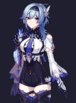  1girl 1zu1zu1 bangs black_background black_hairband blue_cape blue_hair bodystocking breasts cape closed_mouth eula_lawrence genshin_impact gloves hair_between_eyes hair_ornament hairband long_sleeves medium_hair simple_background solo thigh-highs twitter_username vision_(genshin_impact) 