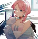  1girl arknights bangs bare_shoulders blue_eyes blue_poison_(arknights) blue_poison_(shoal_beat)_(arknights) braid breasts camisole chinese_commentary choker commentary_request crop_top earrings hairband hand_up highres jacket jewelry long_hair looking_at_viewer midriff off_shoulder open_clothes open_jacket pink_choker pink_hair pohuaiheiguang small_breasts solo spaghetti_strap sports_bra twin_braids upper_body 