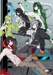  6+boys amamiya_hibiya aqua_jacket belt black_jacket black_shirt bucket chain-link_fence child circle clenched_teeth commentary_request copyright_name dark_konoha day daze_(kagerou_project) drawstring facial_mark fence full_body green_eyes grey_sky hair_between_eyes hand_up headphones highres holding holding_bucket holding_paint_roller hood hood_down hood_up hooded_jacket jacket kagerou_project kano_shuuya kisaragi_shintarou konoha_(kagerou_project) long_sleeves looking_at_viewer male_focus multicolored_clothes multicolored_jacket multiple_boys no_symbol on_fence on_one_knee open_mouth outdoors paint paint_can paint_roller pants partially_colored partially_unzipped pocket reclining red_jacket seto_kousuke shirt sky sleeves_past_elbows sleeves_pushed_up smile song_name t-shirt teeth tknsh_(takanashi_10) tongue tongue_out two-tone_jacket upper_teeth_only white_jacket yellow_eyes yellow_jacket zipper_pull_tab 