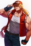  1boy absurdres baseball_cap blonde_hair blue_eyes bomber_jacket fatal_fury fingerless_gloves gloves hat highres jacket long_hair looking_at_viewer male_focus muscular ponytail smile sokuse_kienta solo terry_bogard the_king_of_fighters vest 