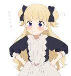  1girl bangs black_dress blonde_hair dress emilyko eyebrows_visible_through_hair hands_on_hips highres long_hair long_sleeves looking_at_viewer pout pouty_lips shadows_house simple_background sincos solo translation_request two_side_up upper_body white_background 