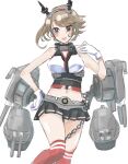  1girl bangs black_skirt blush breasts brown_hair chain gloves hand_on_hip headgear highres kantai_collection large_breasts miniskirt momosio2f mutsu_(kancolle) navel one-hour_drawing_challenge open_mouth pleated_skirt red_legwear rigging short_hair simple_background skirt sleeveless solo thigh-highs white_background white_gloves 