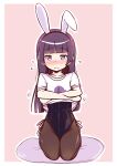  1girl animal_ears black_hair black_legwear black_leotard blush bow bowtie detached_collar embarrassed fake_animal_ears full_body gokou_ruri herunin highres leotard leotard_under_clothes long_hair looking_at_viewer mole mole_under_eye nose_blush ore_no_imouto_ga_konna_ni_kawaii_wake_ga_nai pantyhose playboy_bunny rabbit_ears seiza shirt sitting solo t-shirt undressing violet_eyes white_shirt 