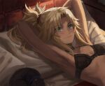  1girl armpits arms_behind_head arms_up bangs bare_shoulders black_bra blonde_hair bra braid breasts collarbone fate/apocrypha fate_(series) french_braid green_eyes hair_ornament hair_scrunchie highres long_hair looking_at_viewer lying mordred_(fate) mordred_(fate)_(all) on_back parted_bangs ponytail scrunchie sidelocks small_breasts smile tonee underwear 