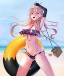  1girl absurdres ass azur_lane bandeau beach between_breasts bikini black_gloves blonde_hair breasts choker cross_hair_ornament elbow_gloves flower frilled_bikini frills gaji gloves hair_flower hair_ornament highres holding holding_innertube horns innertube kumano_(azur_lane) kumano_(fancy_waves)_(azur_lane) large_breasts long_hair looking_at_viewer mismatched_bikini multi-strapped_bikini_bottom multicolored multicolored_bikini multicolored_clothes official_alternate_costume oni_horns open_mouth red_choker sharp_teeth single_elbow_glove strap_between_breasts swimsuit teeth thighs tongue tongue_out violet_eyes white_flower 