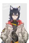 1girl animal_ears arknights black_collar black_hair black_shirt brown_jacket collar collarbone ear_piercing english_text hands_in_pockets happy_birthday highres jacket looking_at_viewer nejikyuu piercing shirt solo tail texas_(arknights) upper_body wolf_ears wolf_girl wolf_tail yellow_eyes 