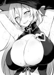  1girl :d armpits blush breasts diisuke greyscale hair_between_eyes hands_up head_tilt heart huge_breasts long_hair looking_at_viewer monochrome nijisanji nui_sociere open_mouth ribbon smile solo steaming_body sweat wing_collar 
