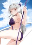  1girl absurdres ass azur_lane blue_sky braid breasts clouds eyebrows_visible_through_hair grey_eyes highres large_breasts long_hair looking_at_viewer official_alternate_costume ps_rinsu purple_swimsuit silver_hair sky solo swimsuit vittorio_veneto_(azur_lane) vittorio_veneto_(the_flower_of_la_spezia)_(azur_lane) 