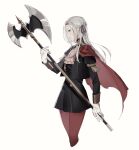  1girl axe cape closed_mouth edelgard_von_hresvelg fire_emblem fire_emblem:_three_houses garreg_mach_monastery_uniform gloves hair_ornament hair_ribbon highres long_hair long_sleeves looking_at_viewer nanao_parakeet pantyhose red_cape ribbon simple_background solo uniform violet_eyes weapon white_hair 