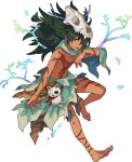  1boy acorn animal_skull artist_request bangs barefoot bodypaint braid branch capelet claws collarbone dark-skinned_male dark_skin eyebrows_visible_through_hair fang full_body green_capelet green_hair hair_over_one_eye hair_tie half-closed_eyes hao_(world_flipper) highres leg_ribbon leg_up loincloth long_hair looking_to_the_side male_focus messy_hair navel non-web_source official_art open_mouth rainbow_gradient red_ribbon ribbon shiny shiny_hair shirtless sidelocks single_braid skull skull_on_head solo stick stitches stomach stuffed_animal stuffed_cat stuffed_toy tied_hair toned toned_male tongue tongue_out torn_clothes transparent_background tribal violet_eyes world_flipper 