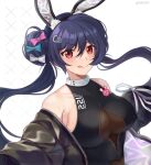  1girl :p allen_m._sumner_(azur_lane) allen_m._sumner_(charming_rabbit)_(azur_lane) animal_ears armpits azur_lane badge bare_shoulders black_hair black_jacket black_leotard bodystocking bow breasts button_badge cleavage_cutout clothing_cutout fake_animal_ears highres jacket leotard licking_lips long_hair looking_at_viewer medium_breasts off_shoulder open_clothes open_jacket playboy_bunny rabbit_ears red_eyes ribbon-trimmed_clothes ribbon_trim sideboob tongue tongue_out twintails twitter_username underboob_cutout very_long_hair 
