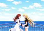  2girls ameiro black_shirt blonde_hair brown_hair clouds cloudy_sky couple fate_testarossa holding_hands long_hair lyrical_nanoha mahou_shoujo_lyrical_nanoha mahou_shoujo_lyrical_nanoha_a&#039;s multiple_girls nanashiki ocean red_eyes ribbon school_uniform shirt shorts sky smile source_request takamachi_nanoha uniform very_long_hair violet_eyes water yuri 