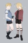  2boys ahoge alphonse_elric arm_at_side armband bangs black_footwear black_legwear black_shorts black_sweater blonde_hair blue_neckwear blue_sweater book bow bowtie braid brothers closed_mouth collared_shirt edward_elric eyelashes facing_away formal full_body fullmetal_alchemist grey_background grey_legwear grey_shirt hand_on_hip holding holding_book jacket looking_afar looking_to_the_side male_focus medal multiple_boys open_clothes open_jacket oxfords p0ckylo parted_bangs pink_shirt profile red_jacket shirt shoes shorts siblings side-by-side simple_background sock_garters socks standing standing_on_one_leg star_(symbol) starry_background striped striped_bow striped_legwear striped_neckwear striped_shirt sweater swept_bangs tareme watch watch yellow_eyes 
