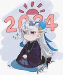  1boy 2024 alternate_costume black_bow black_robe black_shirt blue_hair blue_pants border bow closed_mouth commentary_request feather_hair_ornament feathers genshin_impact gold_trim grey_background grey_hair hair_between_eyes hair_bow hair_ornament highres japanese_clothes long_hair long_sleeves looking_to_the_side low-tied_long_hair male_focus multicolored_hair neuvillette_(genshin_impact) nuko_0108 open_clothes open_robe outside_border pants pillow pointy_ears pom_pom_(clothes) robe seiza shirt simple_background sitting solo sparkle two-tone_hair v-shaped_eyebrows violet_eyes white_border wide_sleeves 