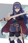  1girl armor bangs belt belt_buckle blue_cape blue_eyes blue_hair blue_pants blue_shirt boots buckle cape eyebrows_visible_through_hair falchion_(fire_emblem) fingerless_gloves fire_emblem fire_emblem_awakening gloves hair_between_eyes highres holding holding_sword holding_weapon lamb-oic029 long_hair long_sleeves looking_at_viewer lucina_(fire_emblem) pants pauldrons red_cape sheath shirt shoulder_armor solo sword thigh-highs thigh_boots tiara weapon wrist_cuffs 