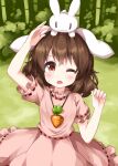  1girl :3 ;o animal_ears animal_on_head bamboo bamboo_forest bangs brown_hair carrot_necklace cowboy_shot dress eyebrows_visible_through_hair floppy_ears forest highres inaba_tewi looking_up nature on_head one_eye_closed open_mouth outdoors pink_dress rabbit rabbit_ears red_eyes ruu_(tksymkw) short_hair short_sleeves standing sweatdrop touhou v-shaped_eyebrows 