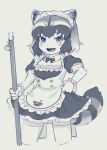  1girl alternate_costume ananna animal_ears apron blush bow bowtie commentary_request common_raccoon_(kemono_friends) detached_collar dress enmaided extra_ears eyebrows_visible_through_hair fang frilled_dress frilled_sleeves frills highres japari_symbol kemono_friends kinkitsu1824 looking_at_viewer maid maid_headdress official_alternate_costume open_mouth puffy_short_sleeves puffy_sleeves raccoon_ears raccoon_girl raccoon_tail short_sleeves smile solo tail thigh-highs white_apron zettai_ryouiki 