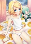  1girl :3 absurdres ataraii_moyasi bangs bare_legs bare_shoulders blonde_hair blue_eyes cellphone collarbone eyelashes hair_ornament hairclip highres kagamine_rin looking_at_viewer looking_up midriff navel number_tattoo on_bed orange_print panties phone rain sheet_music shirt short_hair sitting sleeveless sleeveless_shirt smile solo stomach_tattoo stuffed_toy swept_bangs tattoo thighs triangle_print underwear vocaloid water_drop window yellow_nails 