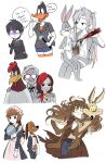  5girls 6+boys black_hair brown_hair bugs_bunny butler closed_mouth colonel_sanders daffy_duck english_text foghorn_leghorn genderswap genderswap_(mtf) glasses grey_hair highres himuhino humanization long_hair looking_at_viewer looney_tunes maid multiple_boys multiple_girls opaque_glasses real_life smile speech_bubble sweat sweating_profusely thought_bubble twintails wile_e_coyote 