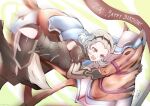  1girl armor atoatto banner biting biting_clothes black_panties fire_emblem fire_emblem_fates grey_eyes grey_hair hairband horse jumping open_mouth panties short_hair shoulder_armor sophie_(fire_emblem) sweatdrop underwear 