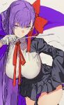  1girl bangs bb_(fate) bb_(fate)_(all) black_coat black_skirt breasts coat fate/extra fate/extra_ccc fate_(series) gloves hair_ribbon high-waist_skirt highres large_breasts leotard long_hair long_sleeves looking_at_viewer neck_ribbon open_clothes open_coat popped_collar purple_hair red_ribbon ribbon sa/tsu/ki sketch skirt smile solo thighs very_long_hair violet_eyes wand white_gloves white_leotard wide_sleeves 