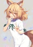  1girl animal_ear_fluff animal_ears blonde_hair blush breasts covering_mouth cowboy_shot fox_ears fox_shadow_puppet fox_tail grey_background hair_between_eyes hand_over_own_mouth kudamaki_tsukasa looking_at_viewer medium_hair simple_background small_breasts smile solo tail tomobe_kinuko touhou yellow_eyes 