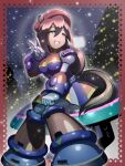  1girl android beret blush breasts breath building christmas_lights christmas_tree commentary_request dress green_eyes grin hair_between_eyes hand_up hat iris_(mega_man) long_hair looking_to_the_side low-tied_long_hair medium_breasts mega_man_(series) mega_man_x4 mega_man_x_(series) napo outdoors red_headwear sitting smile snowing solo sparkle v very_long_hair 