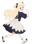  1girl absurdres bangs black_dress blonde_hair blue_eyes dress emilyko floating_hair highres long_hair long_skirt looking_at_viewer looking_back open_mouth running shadows_house shoes simple_background sincos skirt solo translation_request two_side_up white_background 