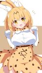  1girl :3 :d animal_ear_fluff berusa_(berutoo) blonde_hair bow bowtie breasts brown_background contrapposto cowboy_shot elbow_gloves extra_ears fang gloves highres kemono_friends kemono_friends_3 large_breasts looking_at_viewer notice_lines open_mouth paw_pose serval_(kemono_friends) serval_print short_hair simple_background smile solo v-shaped_eyebrows yellow_eyes 