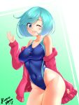  1girl aqua_hair artist_name blue_eyes blue_swimsuit breasts collarbone commentary commission competition_swimsuit covered_navel cowboy_shot highleg highleg_swimsuit highres jacket kuro_neko_7 looking_at_viewer medium_breasts one-piece_swimsuit original red_jacket short_hair smile solo swimsuit 
