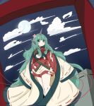 1girl absurdres adapted_costume bangs closed_mouth cloud_print clouds curly_hair eyebrows_visible_through_hair feet_out_of_frame flower full_moon green_eyes green_hair hair_flower hair_ornament heart highres horns japanese_clothes kimono komainu komano_aunn long_hair long_sleeves looking_to_the_side moon night night_sky outdoors pink_flower red_kimono ribbon-trimmed_sleeves ribbon_trim shorts single_horn sky solo standing tatutaniyuuto torii touhou very_long_hair white_shorts wide_sleeves 
