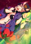  1girl aoiro_69 bangs bare_shoulders bob_cut breasts bridal_gauntlets collarbone eyeliner fate/grand_order fate_(series) headpiece highres horns japanese_clothes kimono long_sleeves looking_at_viewer lying makeup on_side oni oni_horns open_mouth purple_hair purple_kimono revealing_clothes short_hair shuten_douji_(fate) skin-covered_horns small_breasts smile solo violet_eyes wide_sleeves 