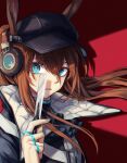  1girl amiya_(arknights) animal_ears arknights ascot bangs black_headwear black_neckwear brown_hair cabbie_hat closed_mouth commentary ears_through_headwear expressionless eyebrows_visible_through_hair hair_between_eyes hat headphones highres holding holding_knife holding_weapon knife long_hair looking_at_viewer mixed-language_commentary multiple_rings rabbit_ears red_background seki_mitsu simple_background solo upper_body weapon 
