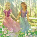  2girls alexa_(barbie) aqua_eyes barbie_(character) barbie_(franchise) barbie_and_the_diamond_castle barbie_movies blonde_hair blue_dress blue_eyes blue_skirt blurry bokeh braid brown_hair bug butterfly corset dark-skinned_female dark_skin depth_of_field dress fallen_tree field flower flower_field forest green_eyes hair_bun hair_flower hair_ornament heart heart_necklace highres holding_hands insect jewelry liana_(barbie) light_rays looking_at_another looking_up matching_outfit medieval multiple_girls nature necklace okitafuji peasant peasant_blouse pink_dress puffy_sleeves purple_dress skirt sunlight teresa_(barbie) tree tree_shade yuri 