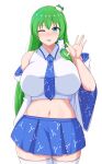  1girl ;p \||/ bare_shoulders blue_eyes blue_neckwear blue_skirt blush breasts cowboy_shot detached_sleeves frog_hair_ornament green_hair hair_ornament hair_tubes hand_up highres huge_breasts kochiya_sanae long_hair looking_at_viewer midarin midriff navel necktie nose_blush one_eye_closed simple_background skirt snake_hair_ornament solo thigh-highs tongue tongue_out touhou very_long_hair waving white_background white_legwear wide_sleeves 