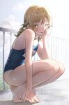  1girl absurdres barefoot blue_sky blue_swimsuit brown_eyes clouds commentary_request day drill_hair highres idolmaster idolmaster_cinderella_girls light_brown_hair long_hair looking_at_viewer morikubo_nono namesake ningen_mame outdoors puddle ringlets school_swimsuit sky solo squatting swimsuit 