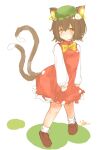 1girl animal_ears bow bowtie brown_eyes brown_hair cat_ears cat_tail chen dress earrings full_body gold_trim hat highres jewelry mob_cap multiple_tails nekomata red_dress short_hair simple_background sketch solo standing tail touhou two_tails white_background yellow_neckwear yuruneko 