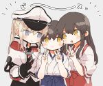  3girls akagi_(kancolle) black_gloves black_skirt blonde_hair blue_hakama blush brown_hair capelet closed_mouth double_v gloves graf_zeppelin_(kancolle) grey_background hair_between_eyes hakama hat ina_(1813576) japanese_clothes kaga_(kancolle) kantai_collection long_hair long_sleeves multiple_girls open_mouth peaked_cap red_hakama short_sleeves sidelocks simple_background skirt smile tasuki twintails v violet_eyes white_capelet white_headwear yellow_eyes 